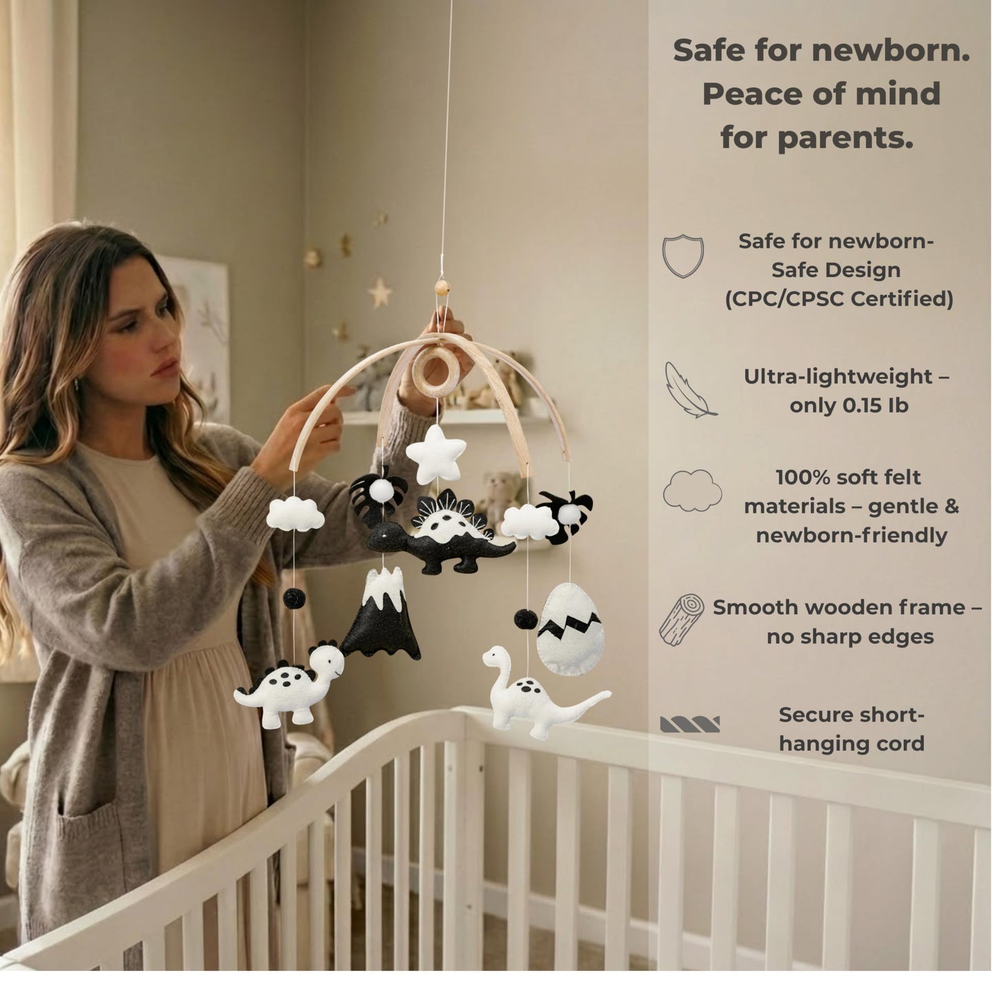 Dinosaur Crib Mobile – High-Contrast Black & White Nursery Decor for Newborn Baby Room, Handmade for Boy & Girl, Natural Wood & Fabric, Plastic-Free, Ready-to-Gift