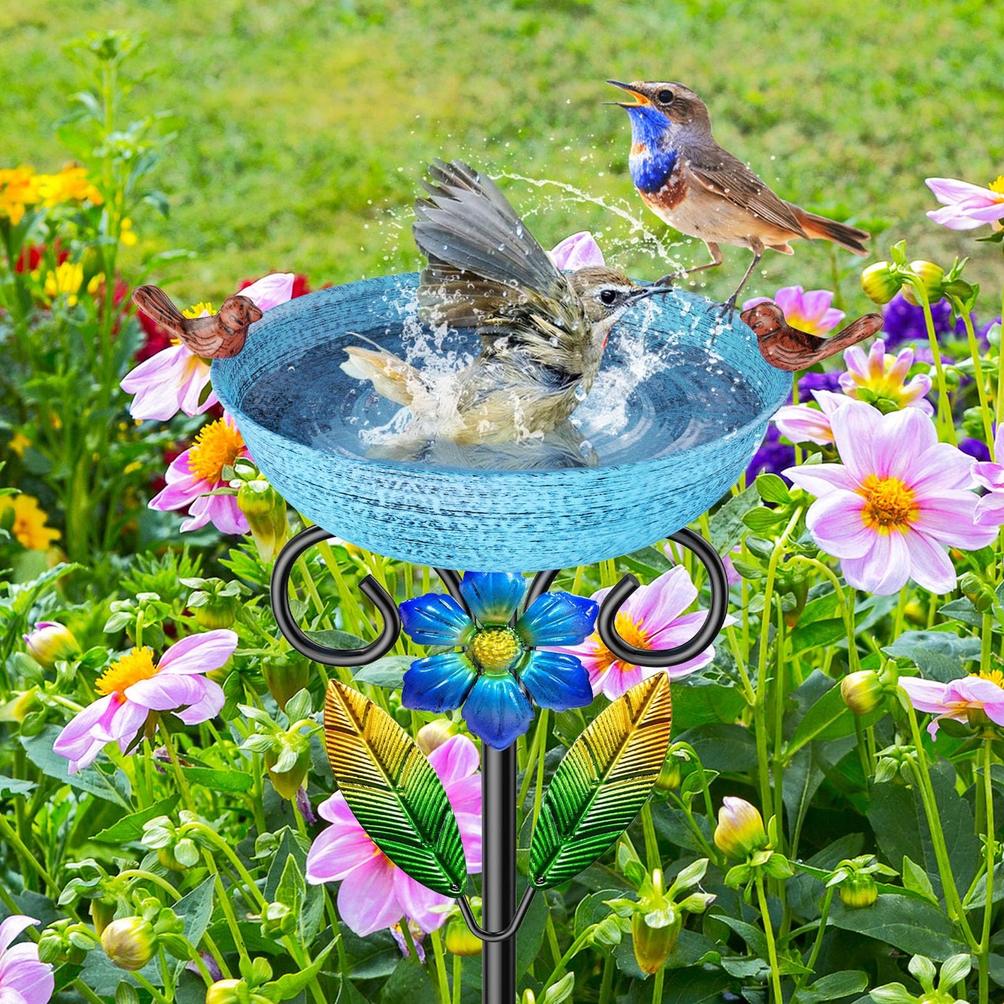 SHUONIVS Metal Bird Bath for Outside, Freestanding Birdbaths Detachable Decoration Spa Birdfeeder, Bird Baths Feeder Bowl for Outdoors Garden Patio Yard Lawn Decor (Blue+Flower)