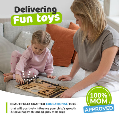 deMoca Sensory Busy Board for Toddlers, Premium Wooden Toddler Busy Board for 1 2 3 Year Old with 10 Educational Activities for Fine Motor Skills, Fidget Activity Toy for Travel