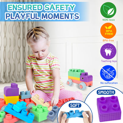 80PCS Baby Blocks Set with Storage Bucket + 6PCS Sensory Balls Bundle - Rubber Soft STEM Building Blocks for Babies 6+ Months, Textured Montessori Balls for Infants & Toddlers 6-12M, Tummy Time Gift