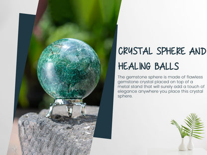 Crocon 35mm Green Aventurine Stone Sphere Ball with Metal Stand 1400+ Carats Gemstone Ball Healing Sphere Sculpture Figurine for Fengshui Divination Home Decoration Photography Crystal Sphere