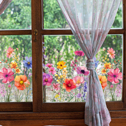 LOONELO Flower Garden Window Stickers, Wildflower Grass Door Decals, Lily Peony Poppy Floral Window Clings for Bedroom Living Room TV Office Decor Home Decoration