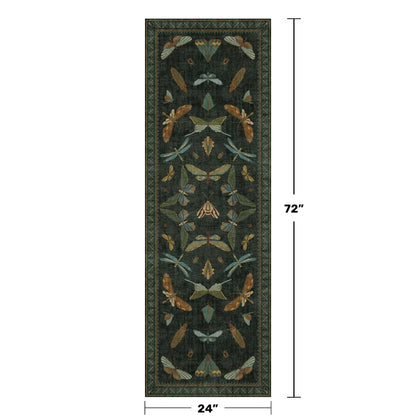 Hazo Haus Washable Insect 2x6 Runner Rug for Hallway- Stain Resistant Kitchen Runners, Floral Whimsical Indoor Floor Mat for Bathroom, Soft Non Slip with Rubber Backed, Dark Green