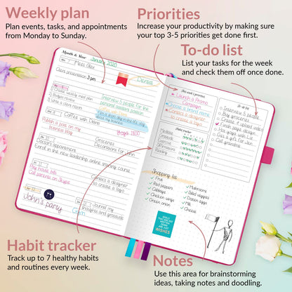 GoGirl Planner and Organizer for Women – Compact Size Weekly Planner, Goals Journal & Agenda to Improve Time Management, Productivity & Live Happier. Undated – Start Anytime, Lasts 1 Year – Hot Pink