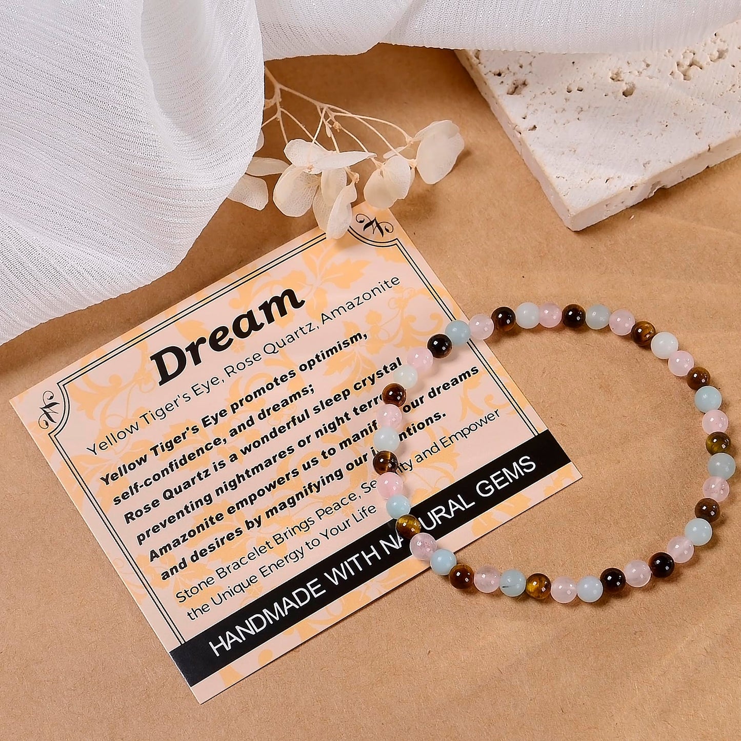 MASSIVE BEADS Yellow Tiger's Eye Rose Quartz Amazonite - Dream Handmade Handmade Yoga Stretch Elastic Bracelet Natural Stone Crystal Healing Power Energy Gifts for Unisex Adult 4mm