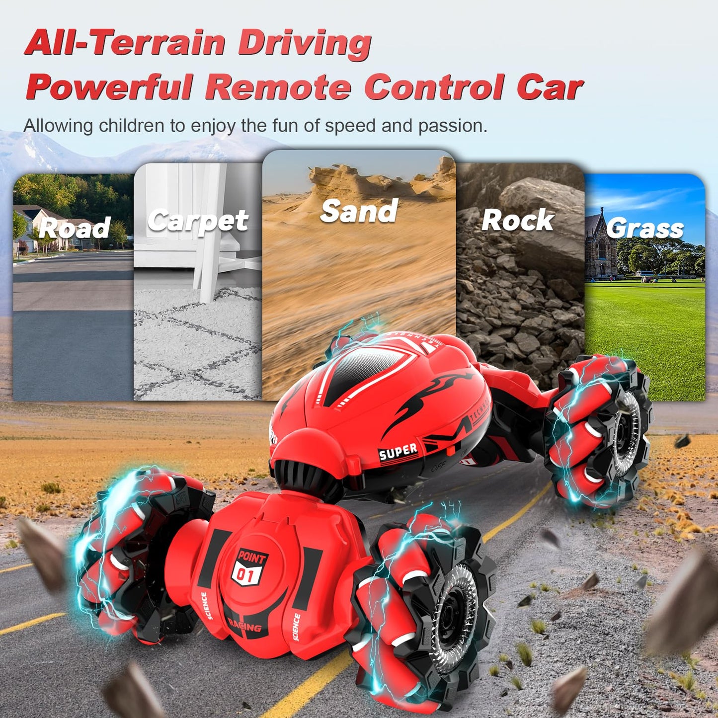 Fosgoit RC Car Toys for Boys Girls 6-12, Birthday Xmas Gifts for 6 7 8 9 10 11 12 Years Old, Gesture Sensing RC Stunt Car with Lights Music 2.4GHz 4WD Hand Remote Control 360° Rotate All-Round Drift