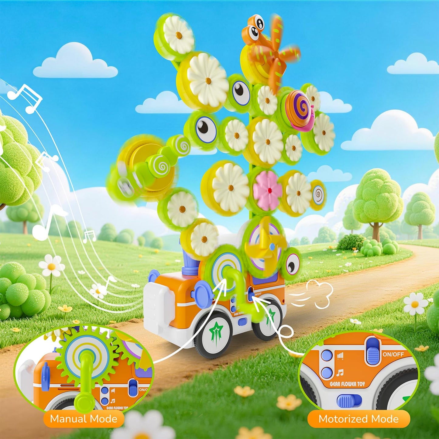 Gears Building Toys for Kids Ages 3+, STEM Construction Set for Toddlers, Train and Flower Models with Electric & Manual Modes, Lights and Music, DIY Educational Learning Toys Gift for Boys and Girls