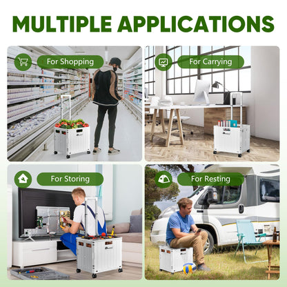 Dkenicor Folding Utility Cart, Portable Rolling Crate Handcart Collapsible Shopping Trolley with Lid, Foldable Tool Box Basket with 4 Rotate Wheels for Grocery, Office, Luggage, School - White