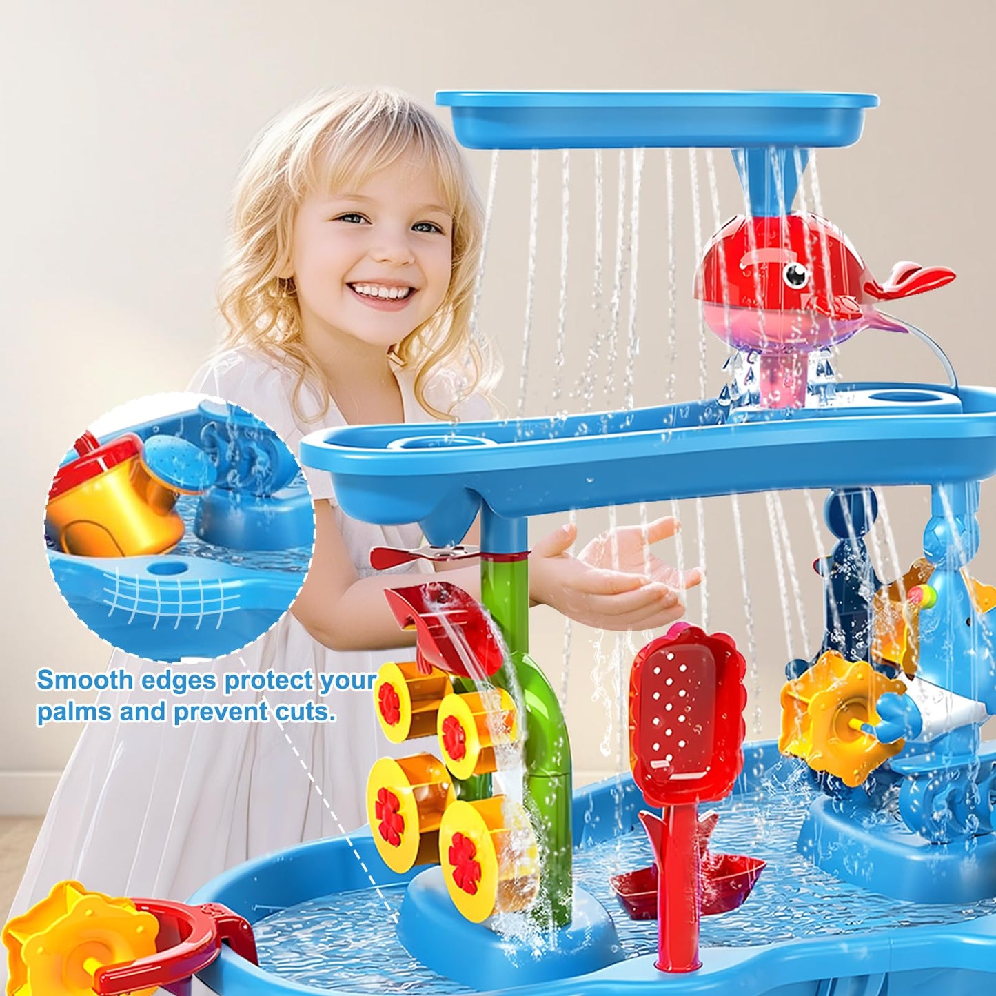 zefinot Water Table for Toddlers 3-5 | 3-Tier Kids Water Table Toys, Outdoor Water Table with Rain Showers Splash Pond for Beach Backyard Summer, Sensory Play Table for Boys Girls