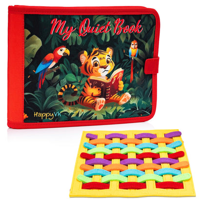 HappyVk Busy Book for Toddlers - Montessori Travel Toys with 13 Educational Activities - My Quiet Book - and A Felt Activity Board Game with 10 Weaving Strips