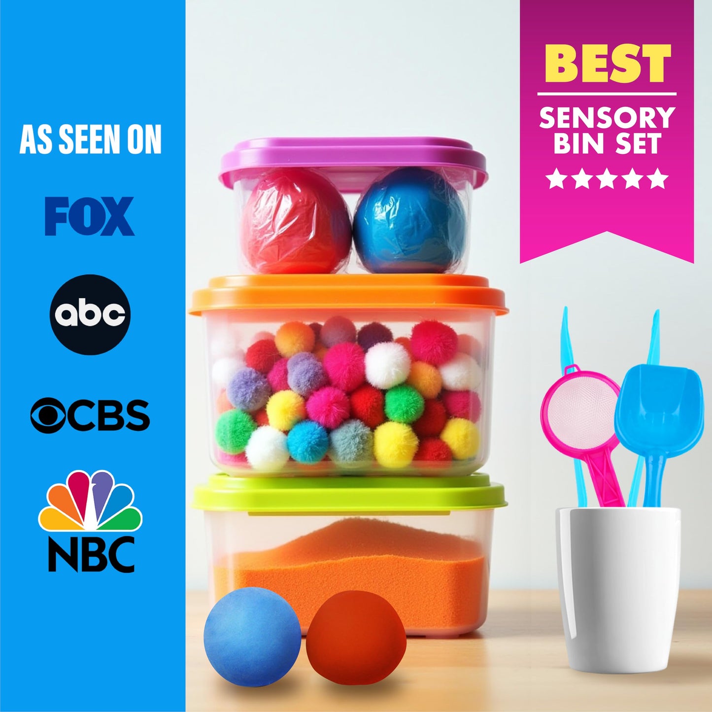 LOLO TOYS Sensory Kit for Toddlers and Kids - Includes 3 Bins with Lids, Play Tools, Sand, Feathers, Clay, Color Beads and Pom Poms Kids Box Fillers (Starter Set)