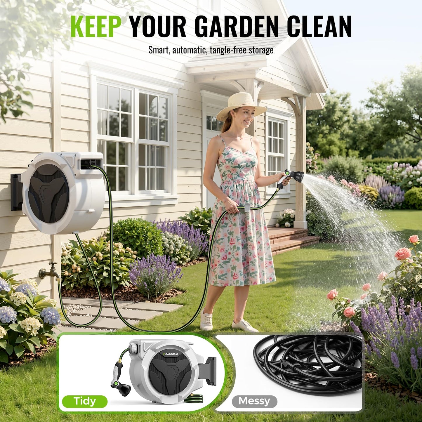 Retractable Garden Hose Reel 100ft x 1/2 in, Wall Mounted Garden Hose Reel with Auto Rewind, 180° Swivel Bracket, UV Resistant Water Hose Reel with 10 Spray Nozzle, Heavy Duty for Outside Use