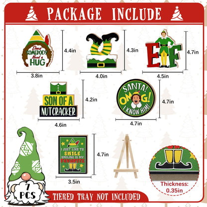 YMCAFZ 7 Pcs Christmas Green Elf Tiered Tray Decor, Funny Xmas Son of A Nutcracker Farmhouse Wood Decorations Set, Winter Holiday Rustic Wooden Decorative Signs for Home Table Shelf