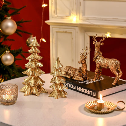 FESTGLOX Gold Christmas Tree Figurines, Small Resin Christmas Trees Home Decor, Tabletop Tree Set of 2, Decorative Xmas Trees for Christmas Decorations Indoor Mantle Centerpieces