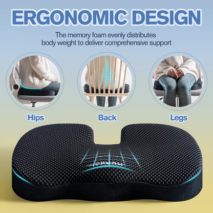 Mureon Seat Cushion for Office Chairs, Large Memory Foam Cushion for Car, Pressure Relief Ergonomic Chair Cushion with Non-Slip Cover for Soft Support for Hip All Day Comfort - Black
