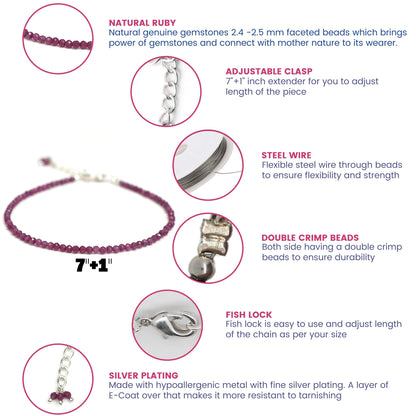 Gempires Handmade Ruby Gemstone Beaded Bracelet for Women | 2.4–2.5 mm Faceted Natural Stone | Adjustable 7+1 Inch Silver Plated Chain | Dainty Minimalist Stacking Jewelry | July Birthstone Gift