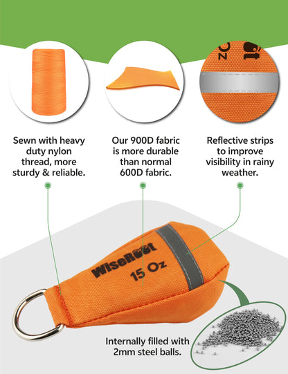 WiseRoot Arborist Throw Line Kit: Ultra Slick Throw Rope & 11/15Oz 900D Throw Weight with Reflective Storage Bag, Arborist Equipment for Tree Work, Climbing, Trimming, High Limb Rigging