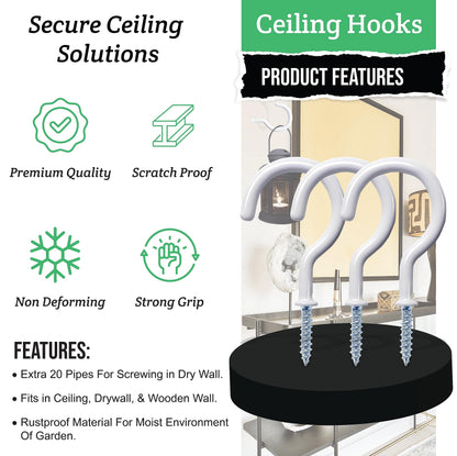 Etoolia 20 Pcs Ceiling Hooks for Hanging Plants - 2.9 inches Heavy Duty, Hanging Hooks for Christmas Lights, Cups, Decors - White Vinyl Coated Screw in Plant Hanger Hook Indoor and Outdoor