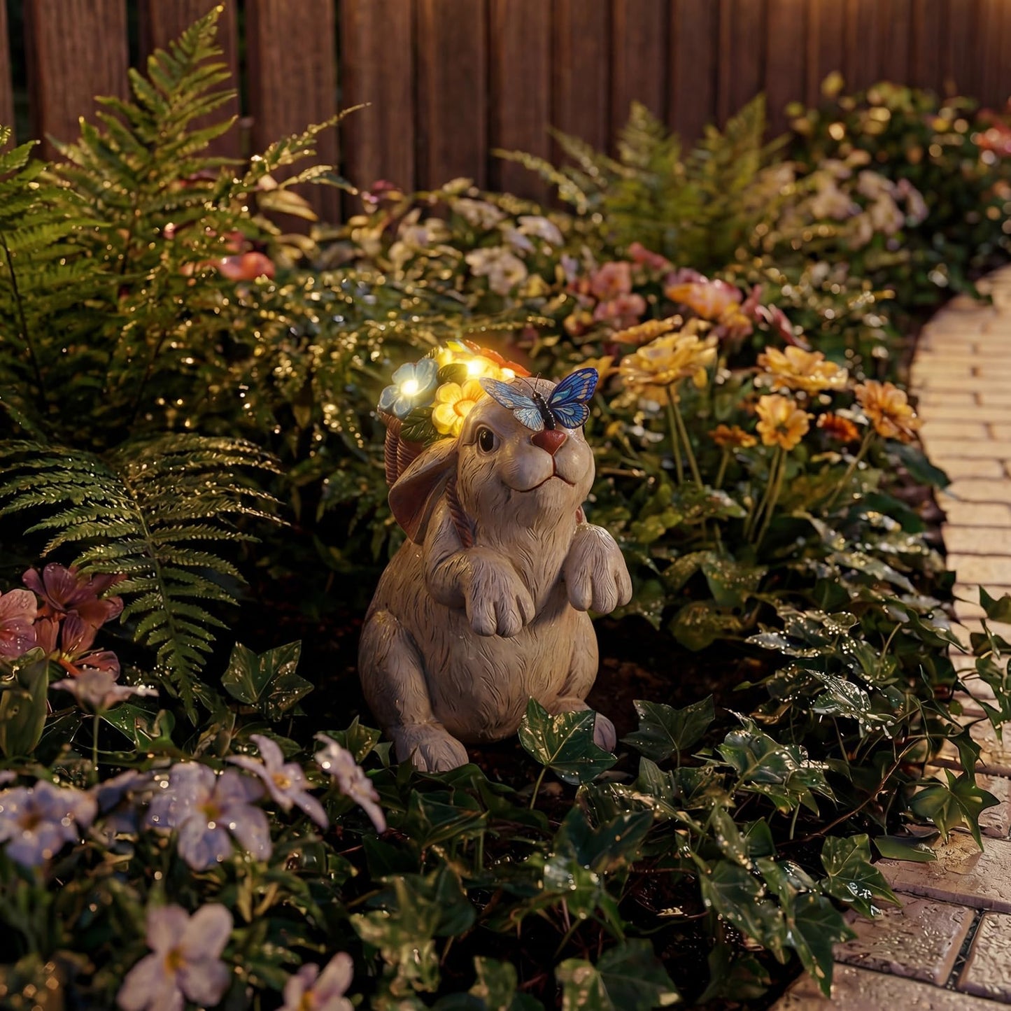PETAFLOP Solar Garden Statues Outdoor Decor, Rabbit with Flower Basket & Butterfly Birthday for Patio Balcony Backyard Lawn Yard Decorations, Housewarming Gifts for Women, Mom, Grandma