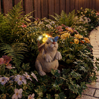 PETAFLOP Solar Garden Statues Outdoor Decor, Rabbit with Flower Basket & Butterfly Birthday for Patio Balcony Backyard Lawn Yard Decorations, Housewarming Gifts for Women, Mom, Grandma