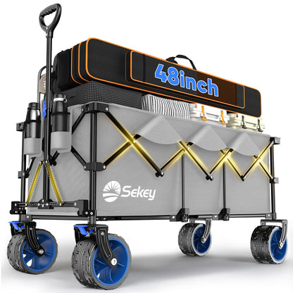Sekey Extended Collapsible Foldable Wagon with 660lbs Weight Capacity, Heavy Duty Folding Utility Garden Cart with Big All-Terrain Beach Wheels & Drink Holders. Light Gray