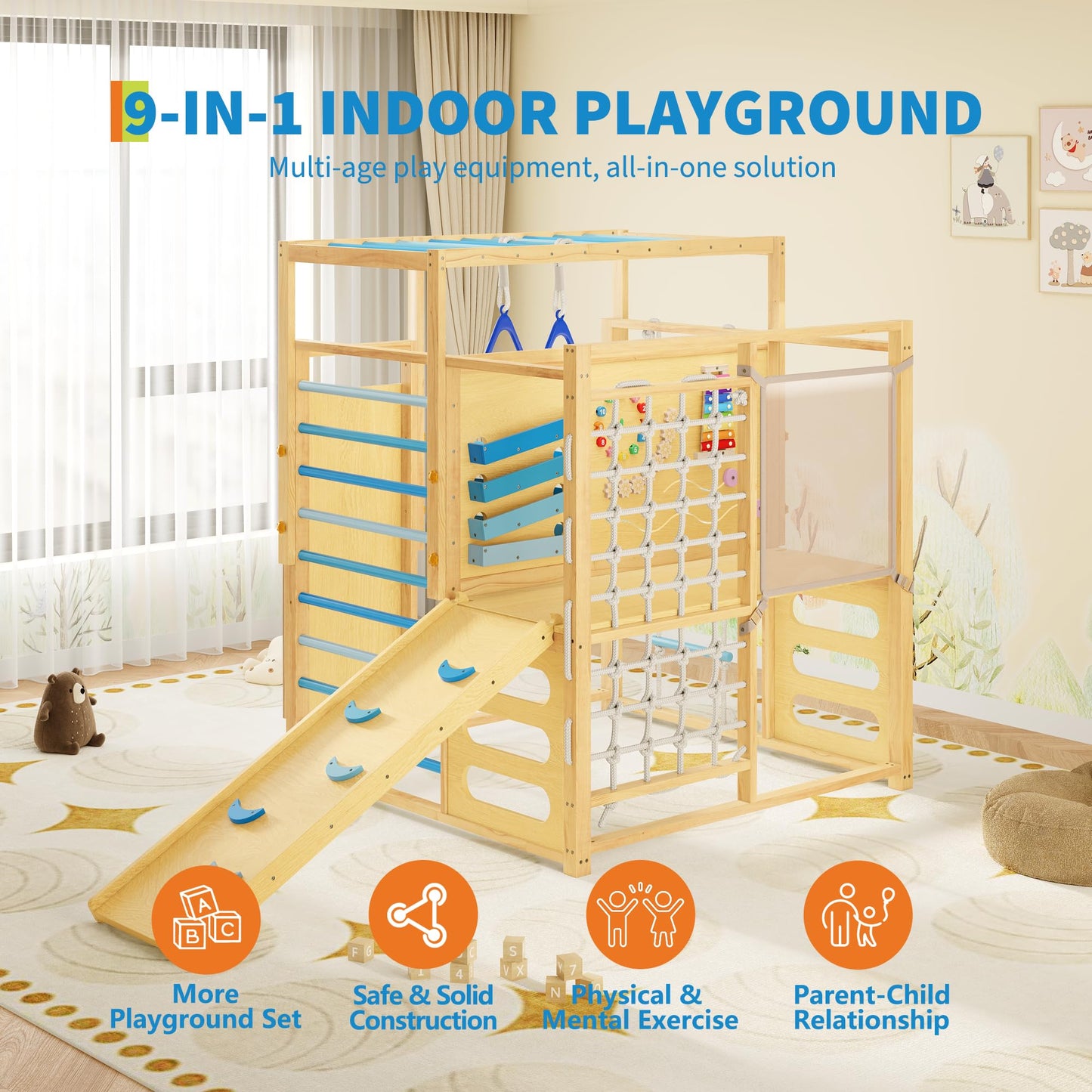9-IN-1 Outdoor Indoor Jungle Gym, Montessori Wooden indoor playground for kids 2-8, Wooden Climbing Structure with Slide, Monkey Bars, Rope Ladder, Rock Wall, Climbing Net, Rings - Natural Wood Blue