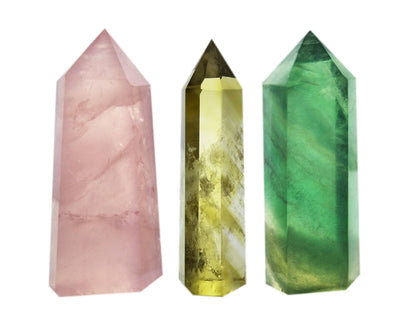 Set of 3 Natural Crystal Wands – Rose Quartz, Citrine (Yellow Quartz) & Fluorite, Faceted & Pointed Energy Wands for Reiki, Chakra Meditation, Crystal Healing, Crystal Decor & Home Décor