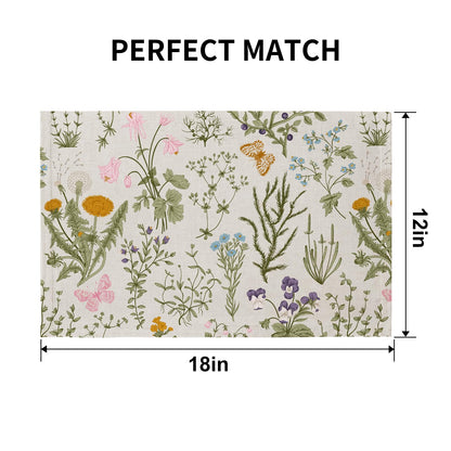 QiyI Boho Placemats Set of 4, 12x18 Inch Linen Fabric Floral Place Mats for Kitchen Dinning, Farmhouse Rustic Cloth Table Mats, Washable Placemat Botanical Party Table Décor, Wildflowers Herbs