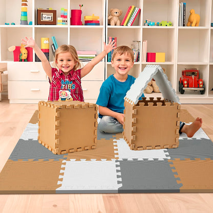 16 Tiles Baby Play Mat for Floor, EVA Foam Baby Floor Play Mat with 0.6 Inch Thick Interlocking Foam Tiles, Foam Floor Tiles for Baby, Toddlers and Kids (Brown-Gray-White, 16PCS)