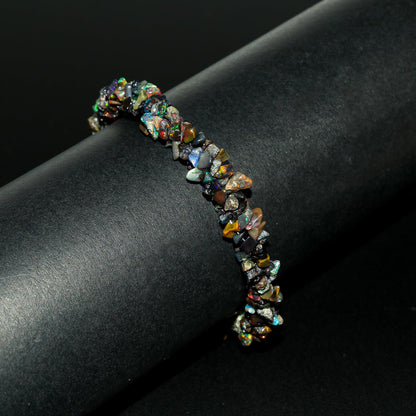 CRYSTALIS Natural Black-Opal Beads Braided Rope Bracelet, Chips Nuggets Beaded Gemstones, Chakra Healing Stones, Womens Jewelry, 14K Gold Plated 925 Sterling Silver Bracelet 8 inch