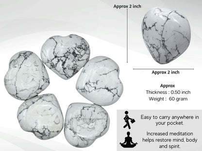 Howlite Crystal Heart Palm Stone - Pocket Massage Worry Stone for Natural Body Chakra Balancing, Reiki Healing and Crystal Grid