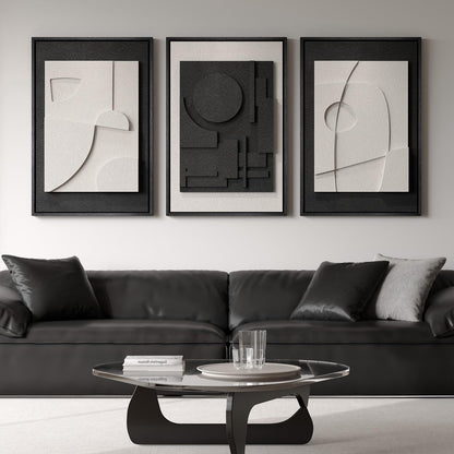 Large 3D Textured Framed Black and White Abstract Wall Art, 3 Piece Modern Wall Paintings Artwork for Walls, Minimalist Black White Geometric Pictures for Living Room, Hallway, Dining Room Wall Decor