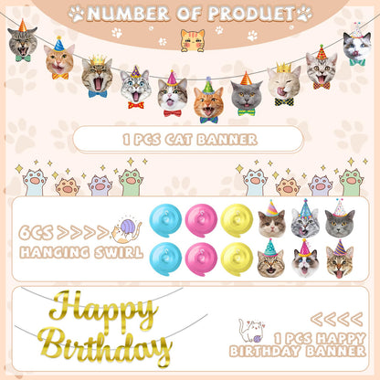 Cat Theme Birthday Party Decorations,Cat Birthday Decoration Happy Birthdays Banners Cats Hanging Cutouts Hanging Swirl Decor
