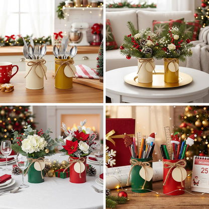Acellegic 8 Pack Christmas Table Centerpieces Farmhouse Rustic Galvanized Metal Vases Decor Flower Buckets Mason Jar Utensil Holder with Twine Bow & Wooden Cutouts for Xmas Holiday Table Decor