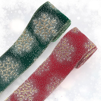 Threetols 2 Rolls 10 Yards Christmas Wired Edge Ribbons, 2.5inch Gold Glitter Snowflake Burlap Ribbons, Green Red Velvet Ribbon for Xmas Christmas DIY Craft Winter Wreath Bow New Year Party Decor