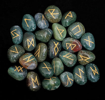 Crocon Green Bloodstone Rune Stones Set Engraved with Elder futhark Crystal Runes Set, Reiki Healing runas for Meditation Chakra Balancing Rune Stone for Beginners with Crystal Guide & Pouch 15-20 mm