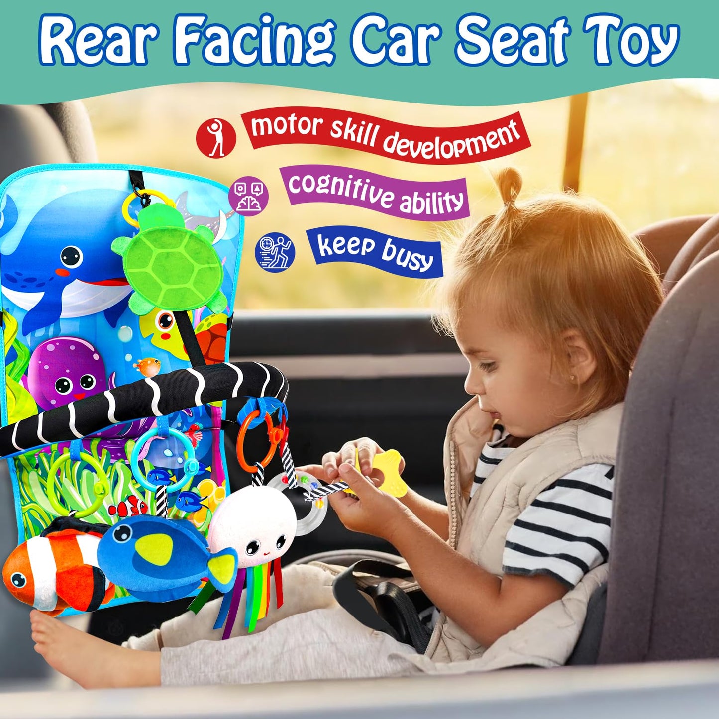 Innofans Baby Car Seat Ocean Animals Toys - Kick and Play Double Sided Infant Car Seat Toys with Plush Toys, Mirror, Teether for Baby Travel Activities, Christmas Birthday Gifts Newborn Infant Toy