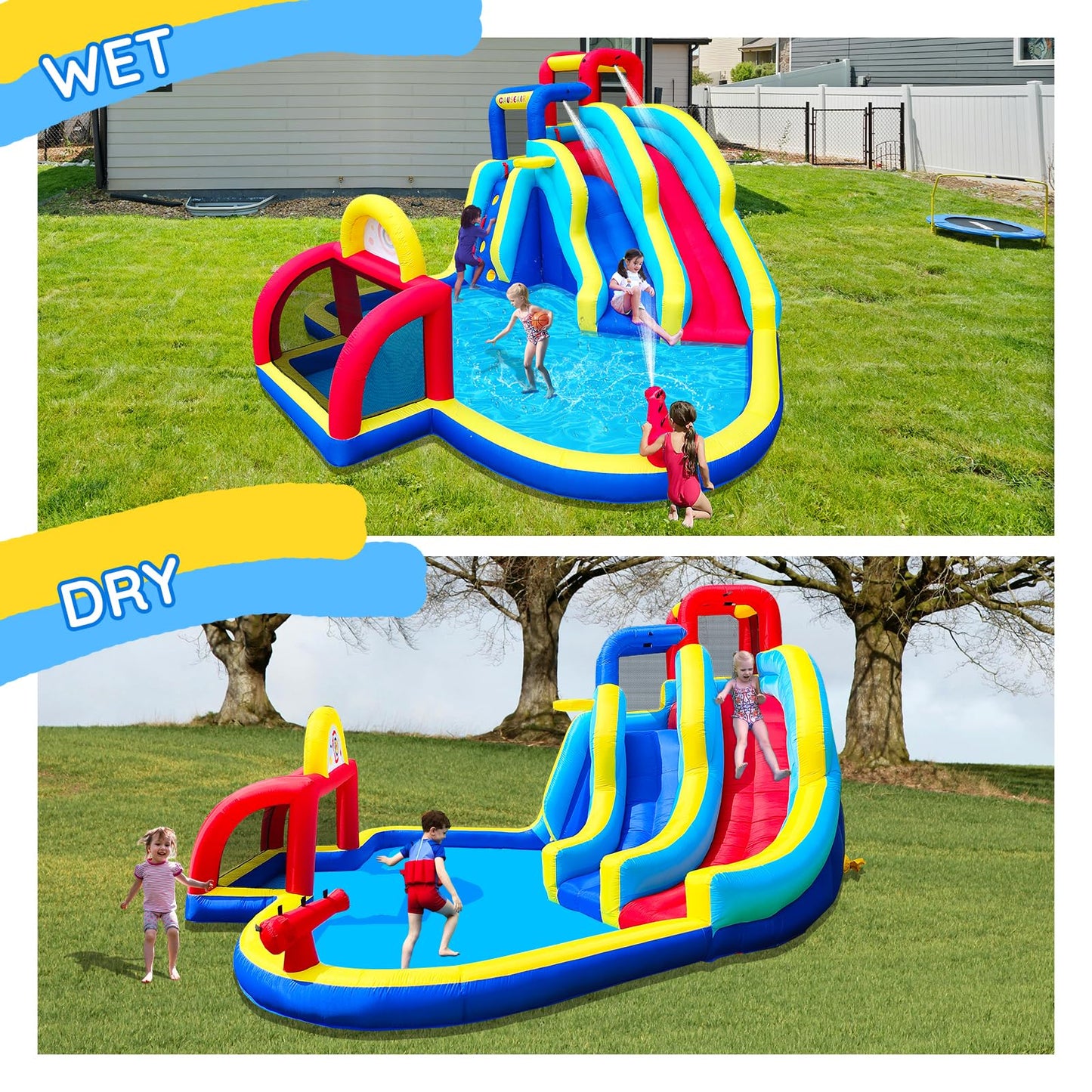 Causeair Inflatable Double Water Slide with Soccer Goal,Big Splash Pool,Water Cannon,Basketball Hoop,Fun Climb Wall,GFCI Blower,Bounce Slide for Party Fun