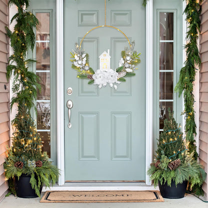 MEIVINES Prelit Christmas Wreath for Front Door 16Inch Artificial Christmas Door Wreath with Lights Silver Rose Farmhouse Xmas Winter Wreath for Christmas Decoration Wall Fireplace Mantle(Silver)