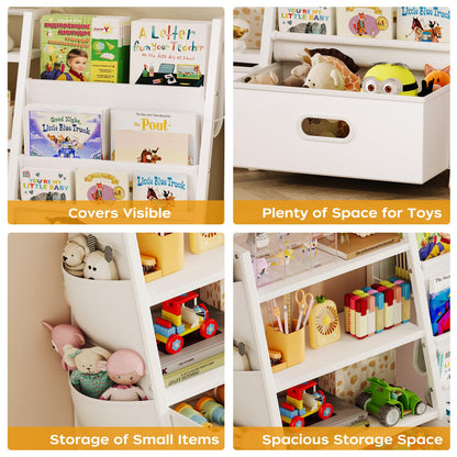 Homeiju Kids Bookshelf and Toy Storage Organizer, 3 Tier Kids Bookcase, Sling Bookshelf and 2 Toy Bins with Toy Storage Organizer for Children Room, Playroom, Nursery, White