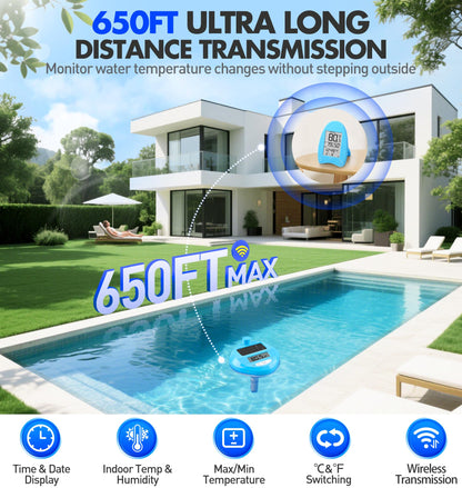Pircaath 2025 Solar Wireless Pool Thermometer | Dynamic LED Light Show & Dual Backlit Display - Easy Read, 650FT Wireless Transmission | Floating Pool Water Temperature Gauge for Pools & Spas