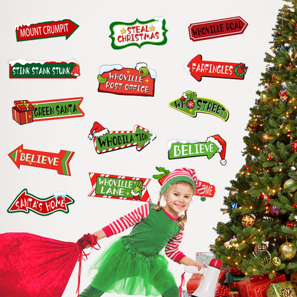 Mfault Christmas Whoville Wall Decals Stickers, Funny Xmas Red Green Road Signs Decorations Bedroom Art, Winter Holiday Gifts Home Kitchen Living Room Decor