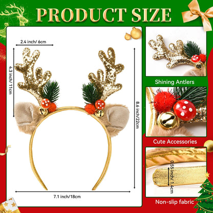 Ychelhr Christmas Headbands, Christmas Glitter Elk Antlers Headbands, Cute Xmas Hair Bands Holiday Party Gift for Girls Women (Gold)