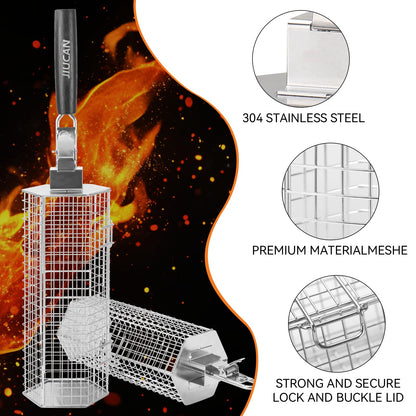 Grill Baskets Set, 2 PCS Stainless Steel Grill Baskets with Removable Wooden Handles, Nesting BBQ Tools, Hexagon Design for Outdoor Cooking Camping, Birthday Gifts for Men Dad Husband