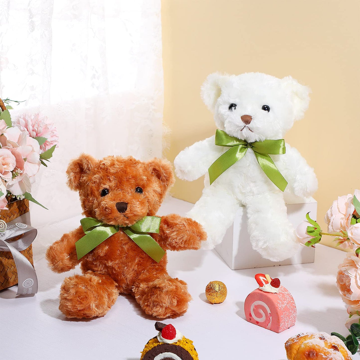 Hungdao 36 Pcs Plush Bears Bulk 10 Inch Bears with Bow Cute White and Light Brown Stuffed Animals Small Soft Plush Toys Gifts for Birthday Graduation Wedding Baby Shower Party Favors