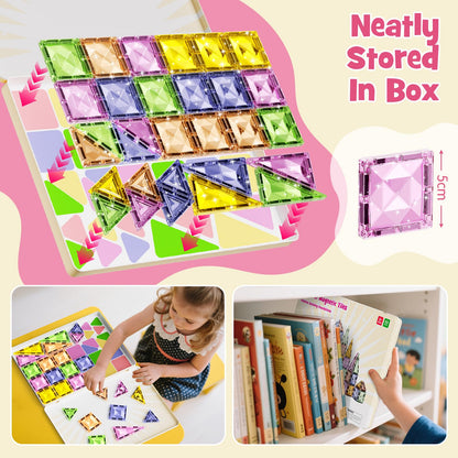 Magnetic Tiles for Kids Ages 4-8, Magnetic Blocks Travel Set with Diamond Surface & Metal Storage Box, 60PCS STEM Learning Toys, Educational Building Gifts for 3-8 Year Olds
