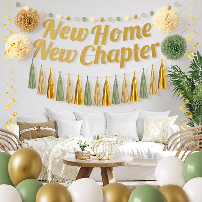New Home New Chapter Housewarming Decorations Set, Sage Green Gold Boho Welcome Home Party Decor Kit with Banner, Balloons, Tassels & Garland