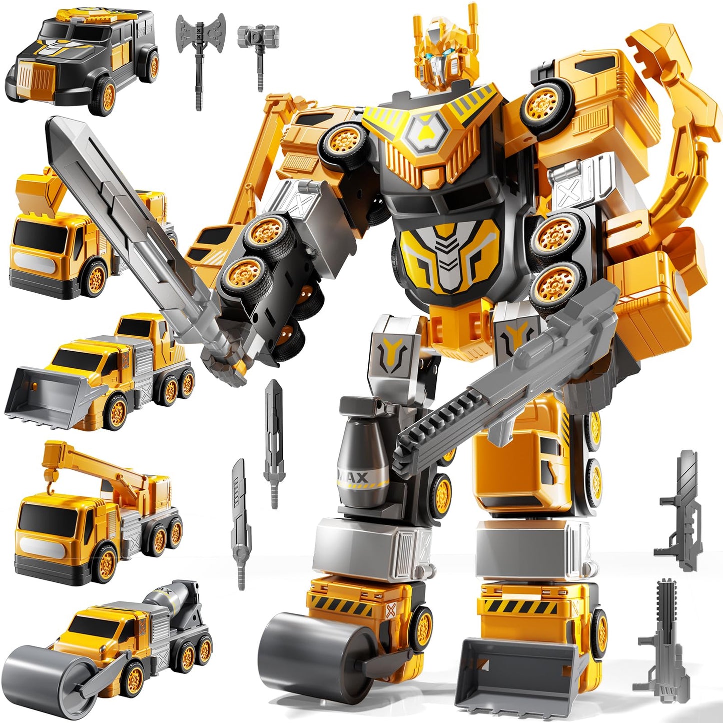 JUKUDAHU 5-in-1 Robot Toys Cars for Kids 3-5, Magnetism Transforming Robots, Detachable Construction DIY Assembling Vehicle Sets, Educational Toys for Boys Girls 3 4 5 6 7 8, Birthday Gifts(Yellow)