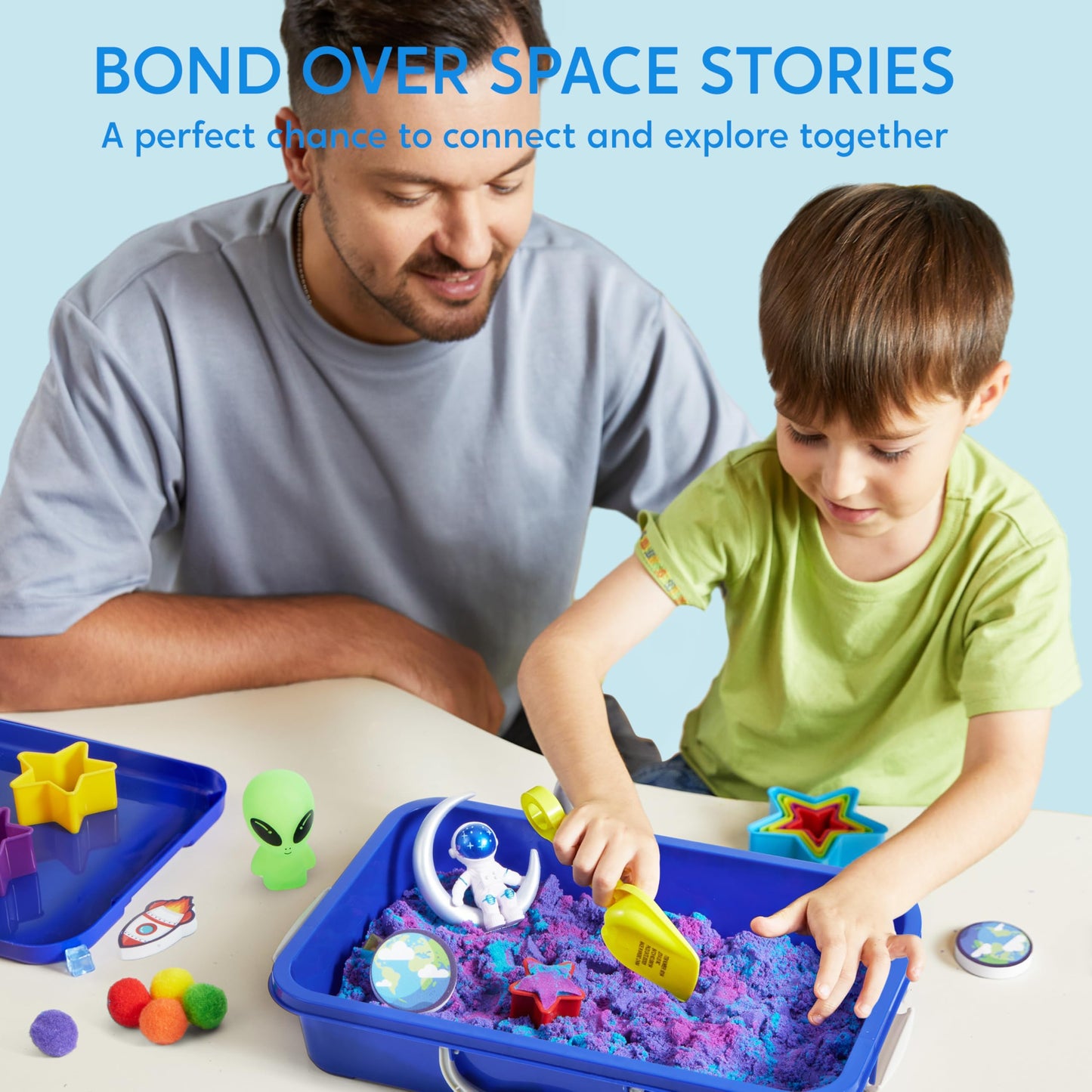 JOVA Klever Kits Outer Space Sensory Bin for Toddlers with Glow in The Dark Alien and Rocks, Sandbox with Lid Dual-Color Sand, Preschool Learning Activities Gifts for Boys Girls Age 3+