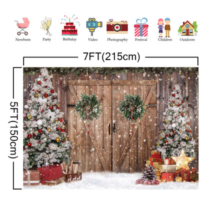 Felortte 7x5FT Polyester Fabric Winter Christmas Rustic Barn Wood Door Photography Backdrop Xmas Tree Snow Background Banner for Family Holiday Party Decoration Supplies Photo Studio Props Pictures